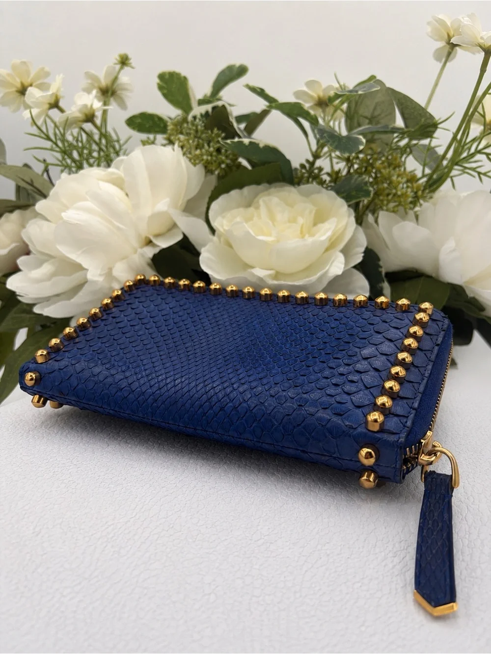 Fendi Karlito Blue Python Snakeskin Studded Zip Wallet Rare Colorway✨✨ W/ COA